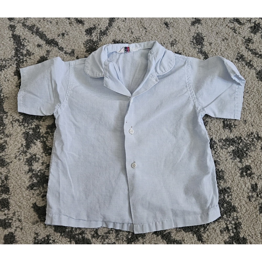 Vintage 60s 70s Boys Blue White Plaid Button-Up Shirt Size 4T As Is